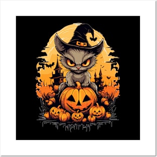 Cat Halloween Shirt, Cute Devious Cat on Pumpkin Halloween T-Shirt, Gift for Cat Lover, Halloween Party Tshirt, Halloween Costume Shirt Posters and Art